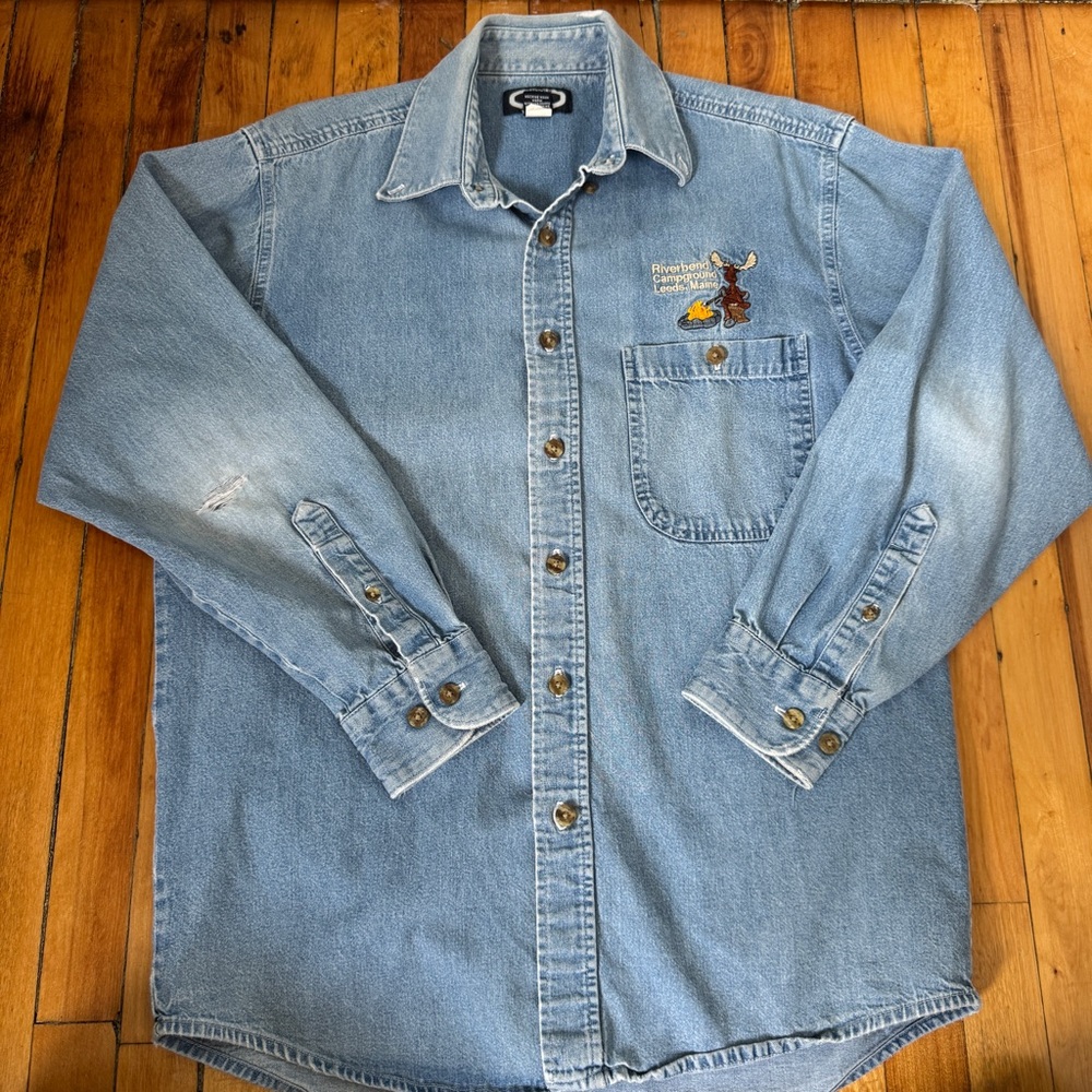 Light Wash Denim Button-Up Shirt with Embroidered Moose